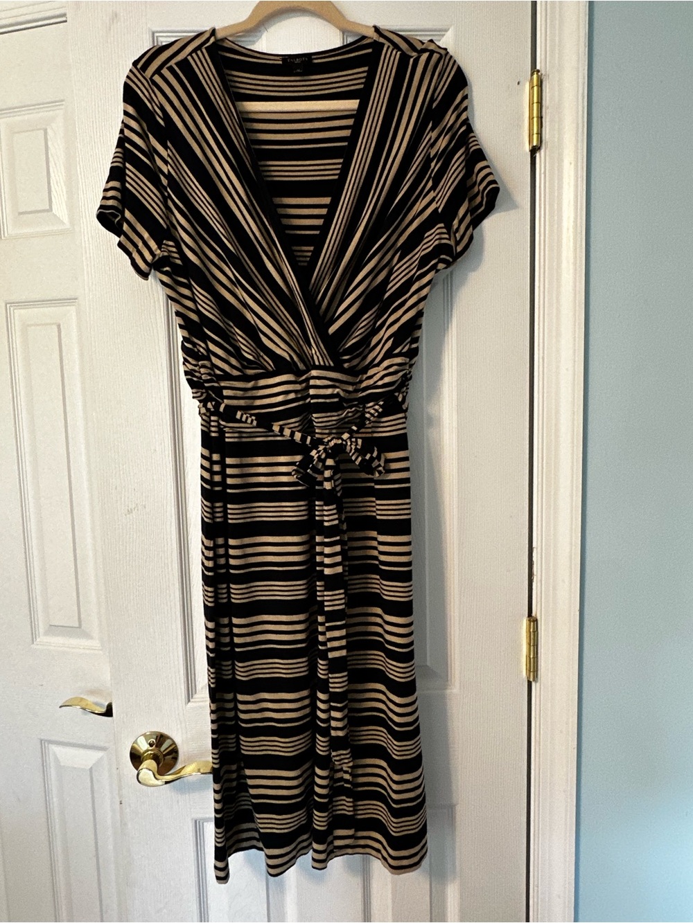 Talbots Black and Cream Striped Wrap Midi Dress